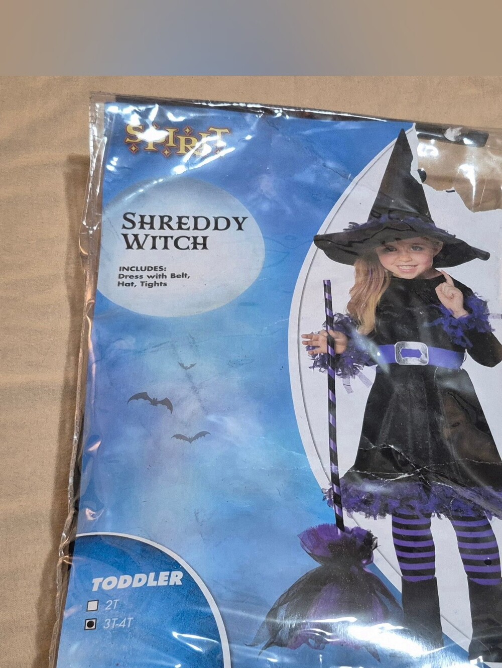Spirit Halloween Shreddy Witch Costume Toddler Size 3T-4T Dress Belt Hat Tights